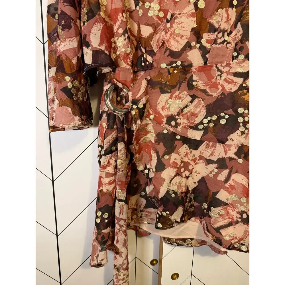 BTFL-Life Women’s XS Pink Gold Floral Plunging Short Sleeve Wrap Mini Dress